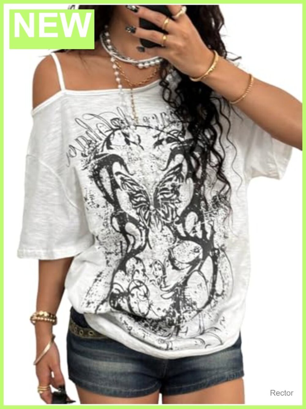 Women's Y2K Off Shoulder Graphic Tee Grunge Loose Fit Short Sleeve Top